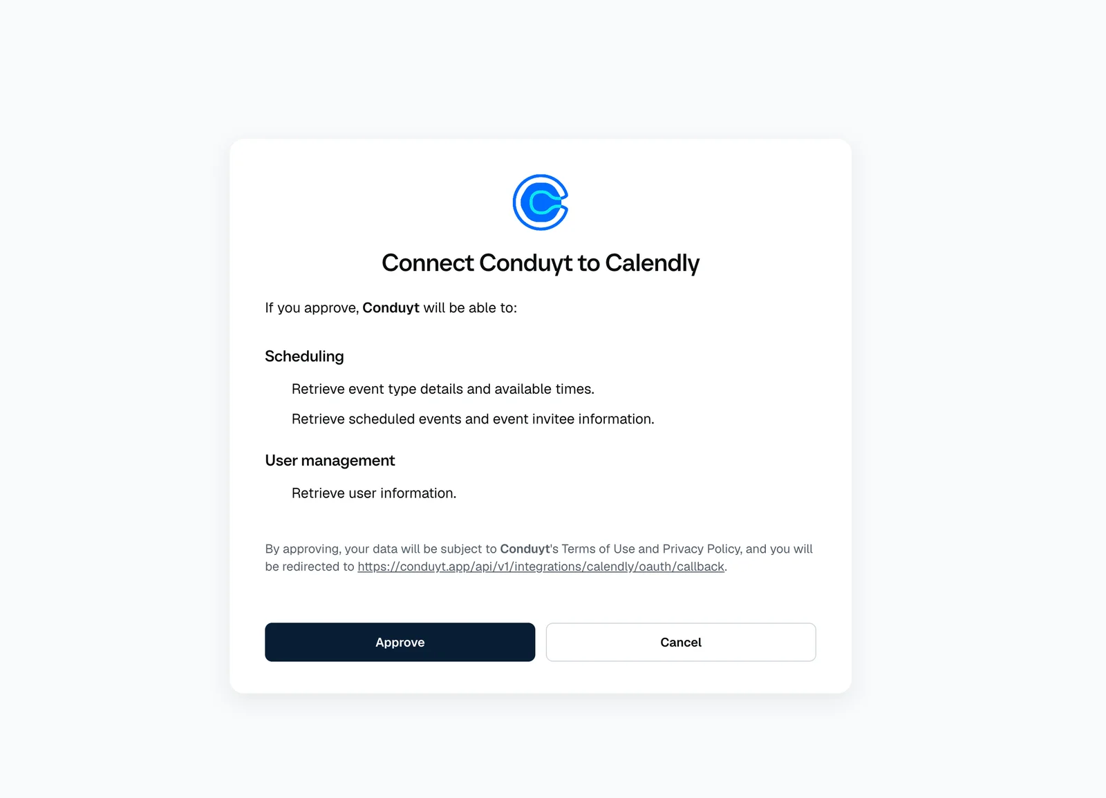 Calendly "Connect Conduyt to Calendly" page with the Approve button