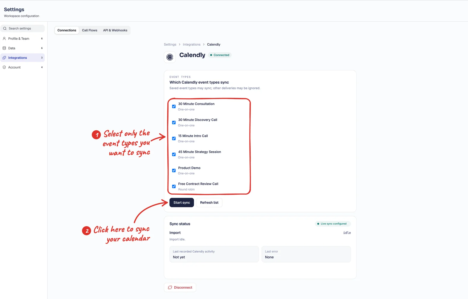 Conduyt Calendly settings with the event types ticked and the Start sync button