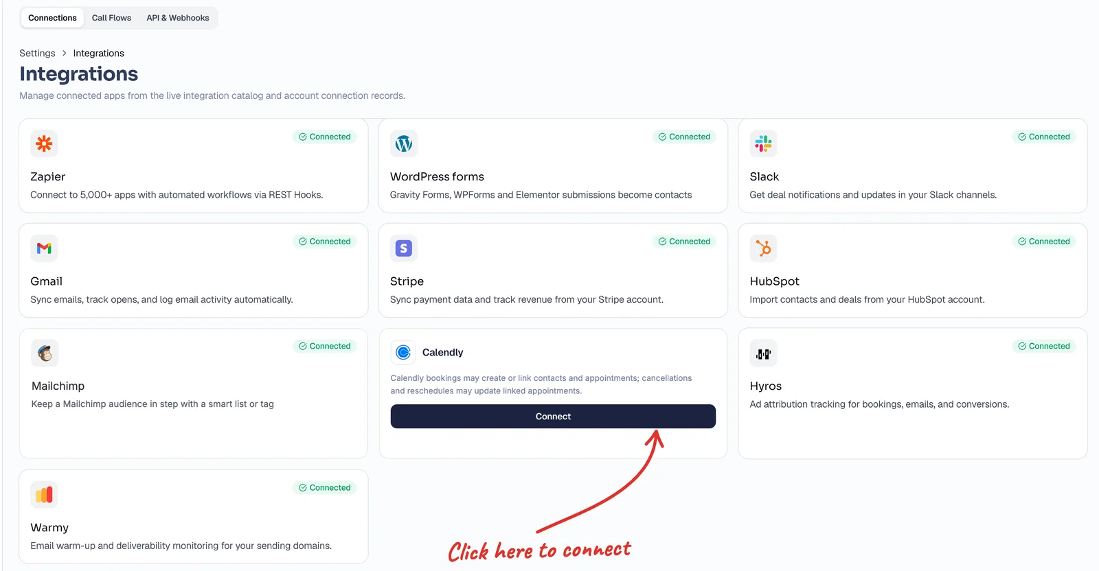 Conduyt Settings, Integrations page with the Connect button on the Calendly card