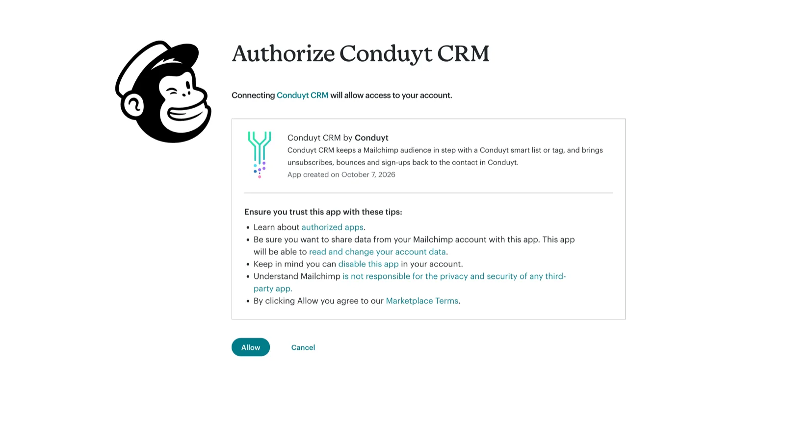 Mailchimp "Authorize Conduyt CRM" page with the Allow button