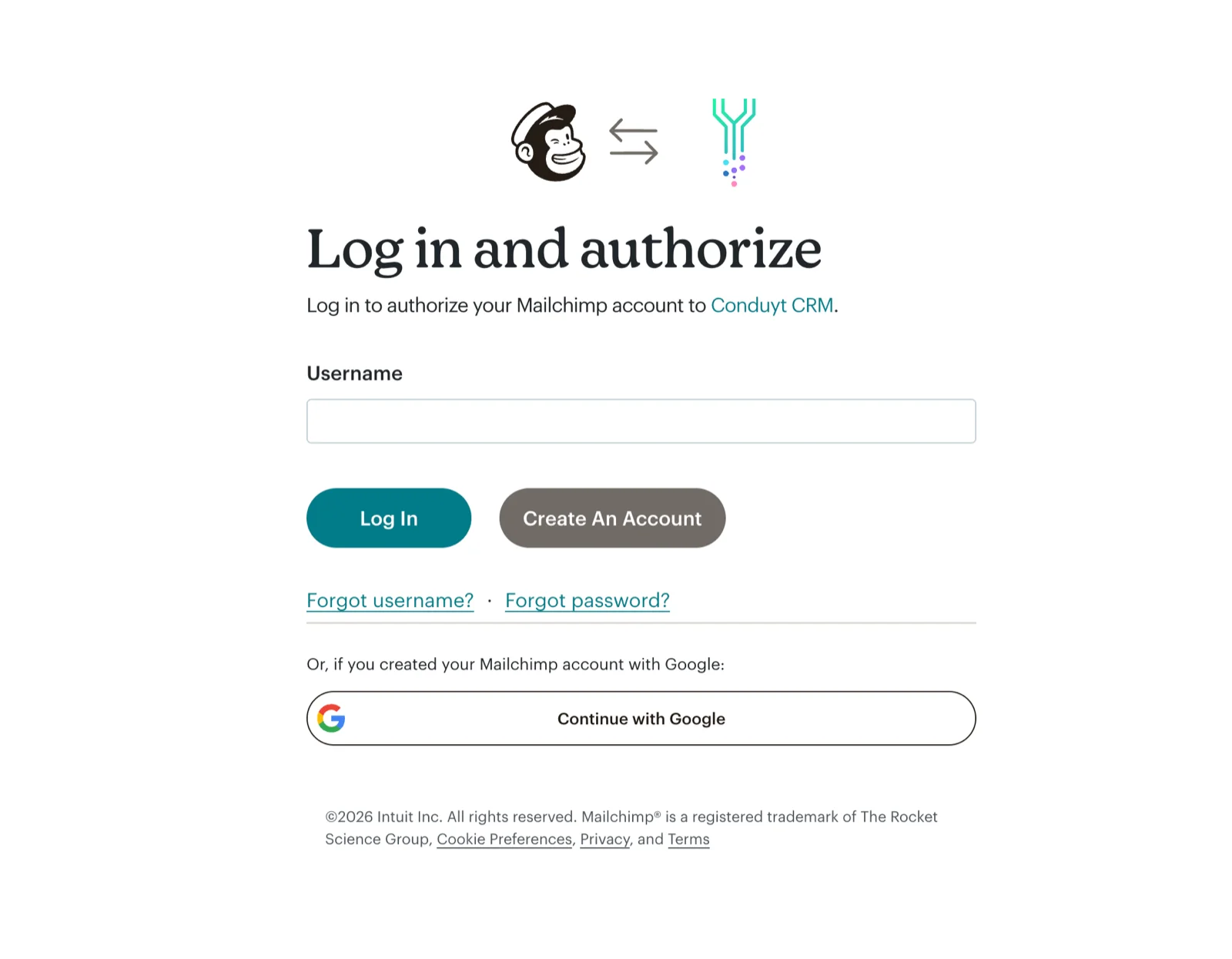 Mailchimp "Log in and authorize" page for Conduyt CRM