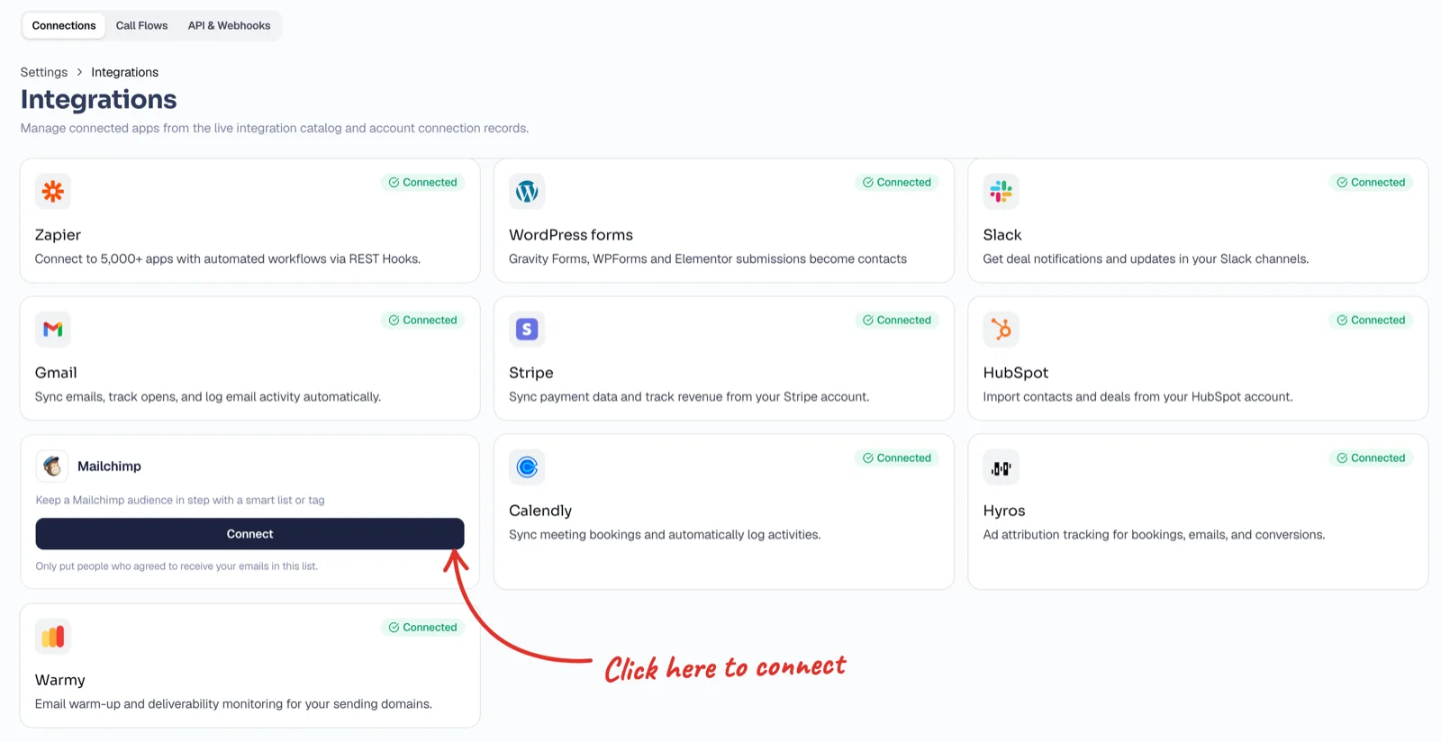 Conduyt Settings, Integrations page with the Connect button on the Mailchimp card